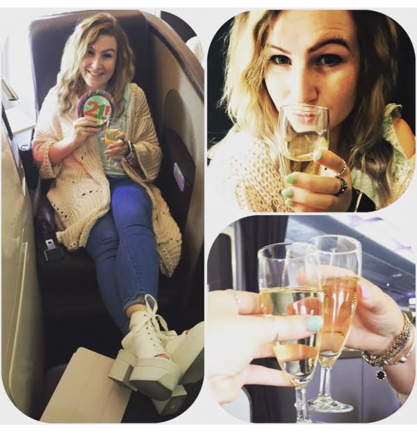 Three pictures of Molly on her 21st Birthday, she is holding large badge with the number 21 on it, drinking a glass of champagne and clinking a glass of champagne.